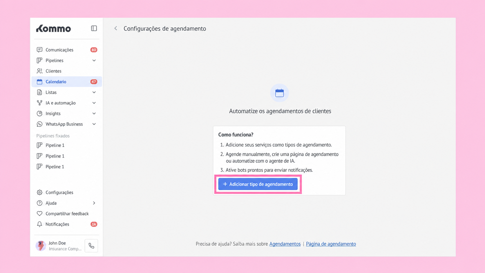 Settings page for scheduling with options to add appointment types and automate notifications.